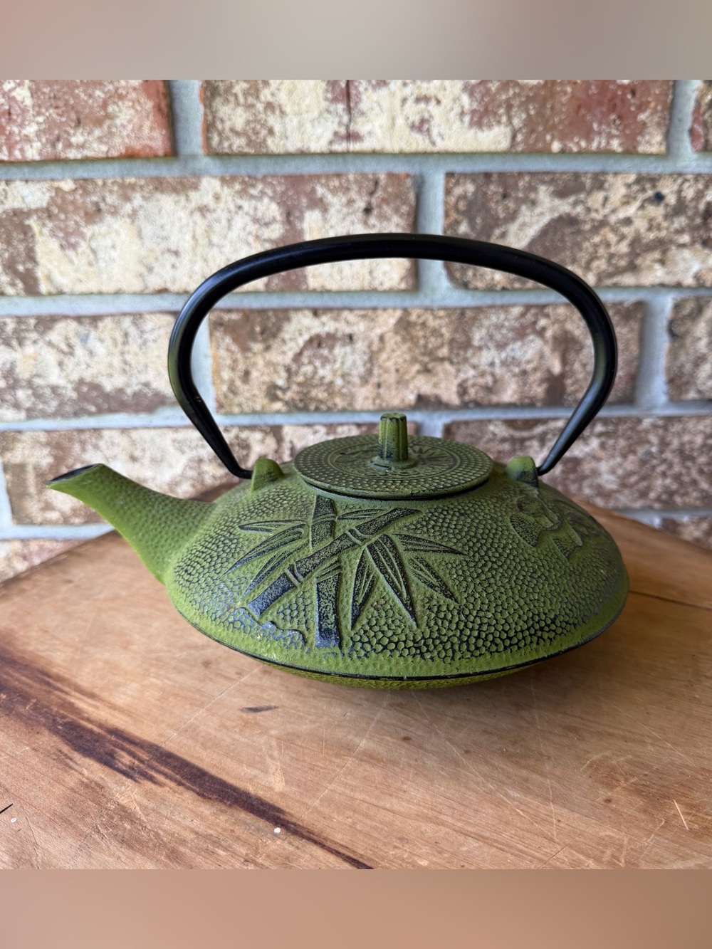 Japanese Tetsubin Iron Teapot Gorgeous Green Bamboo & Floral Stunning Condition!
